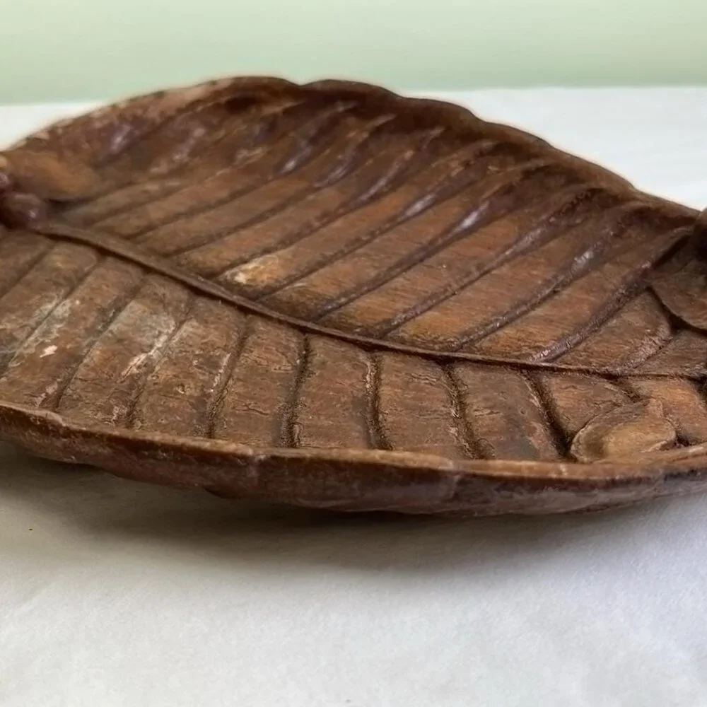 VTG MCM Resin Wood Look Leaf Berry Platter Dish Boho‎ Hippie Cabin Cottage